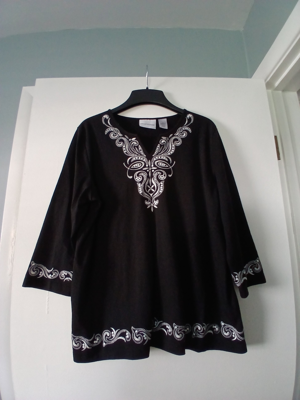 Alfred Dunner Black Tunic with White Embroidered V-Neck